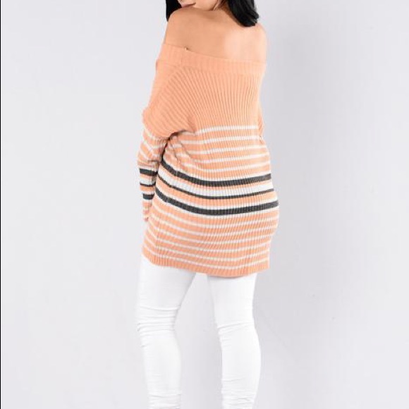 Strips Sweater Off the Shoulder 🧡 Peach-Multi/L - Picture 3 of 5